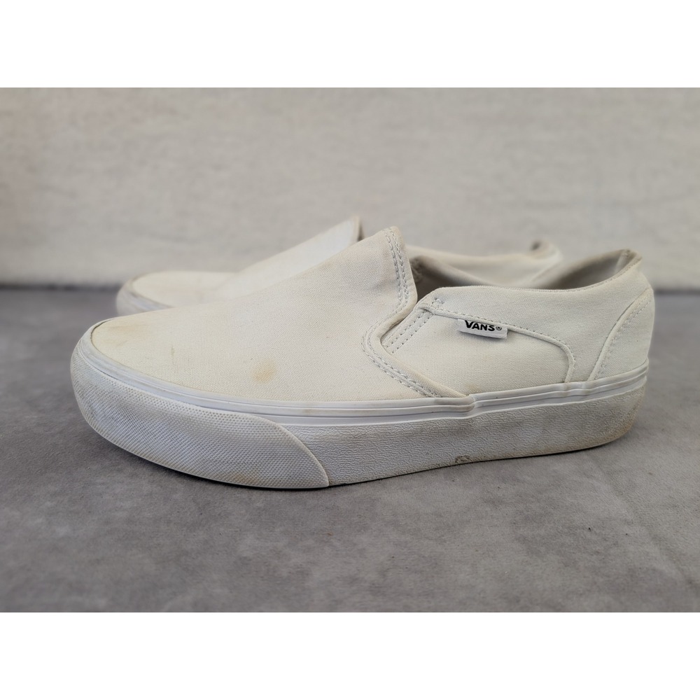 Vans Classic Slip-On White Canvas Skate Shoes Womens 9.5 Low Top Sneakers